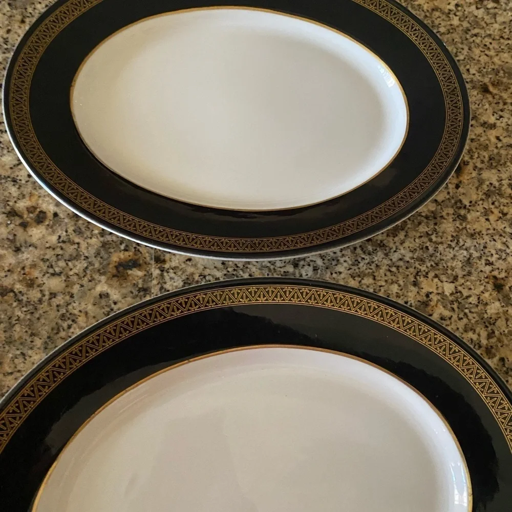 2 Mid Century Modern Shenango China Grecian Gold Black Band Oval Plates 12”x 9.5